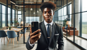 AI-driven branding: A photo of a young business man analyzing data on his mobil screen, showcasing various AI tools and technologies enhancing brand strategy.