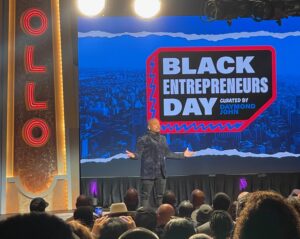 Daymond John photographed on the stage of Harlem's Apollo Theatre for Black Entrepreneur Day on October 21, 2023.