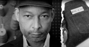 Black-and-white portrait of Maurice Malone alongside a close-up of denim jeans with a "Made in USA" label.
