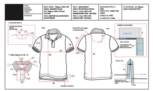 Polo shirt tech pack example for fashion design learning.